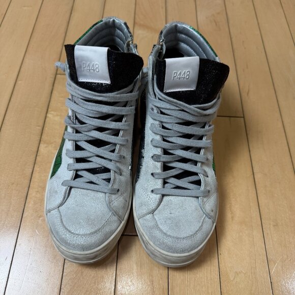 P448 Skate High Top Sneakers Silver & Green Faux Snakeskin Pattern Size 39 / 9 - Picture 3 of 11